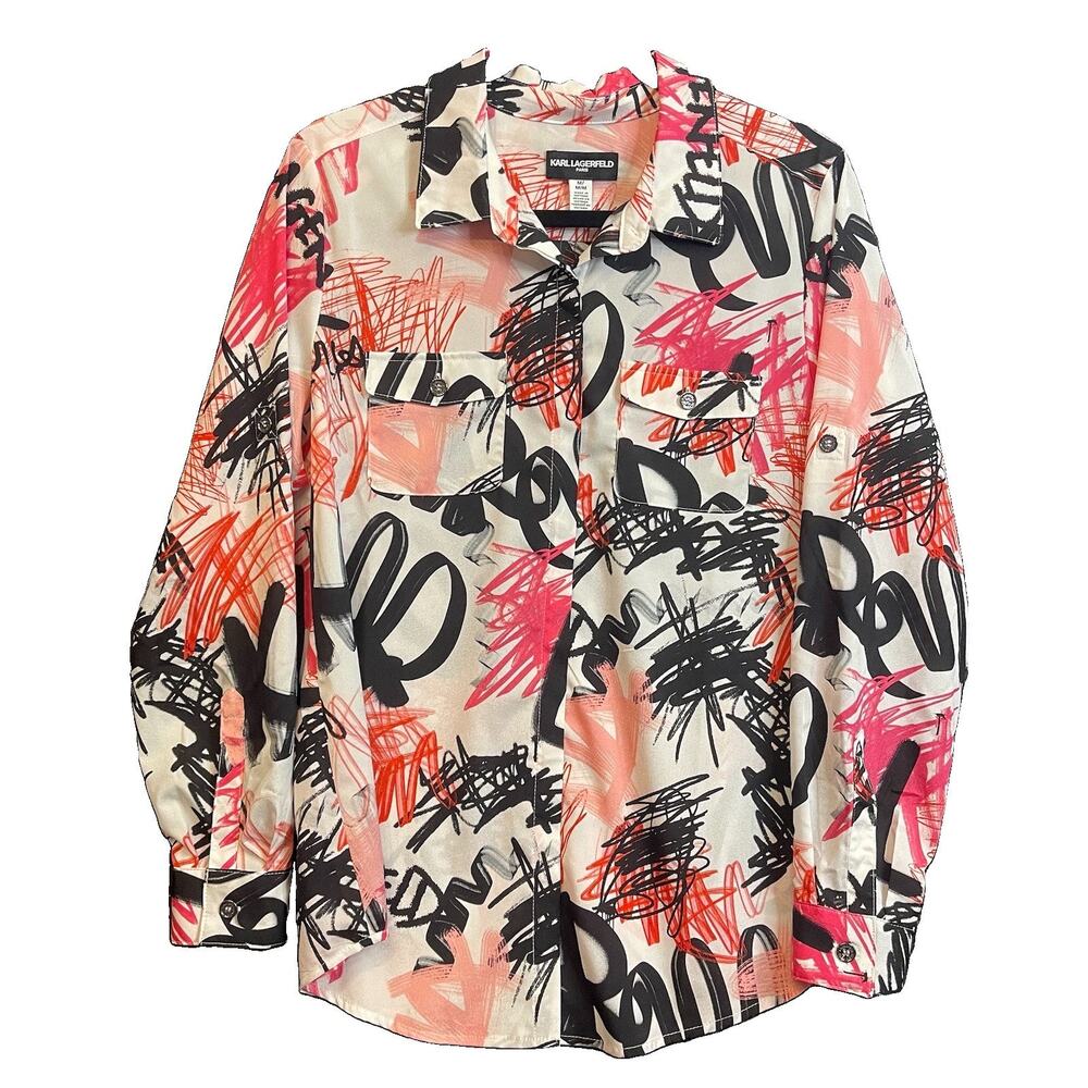 NWT KARL LAGERFELD PARIS Women’s Bold Graphic Print Long Sleeve Button Shirt